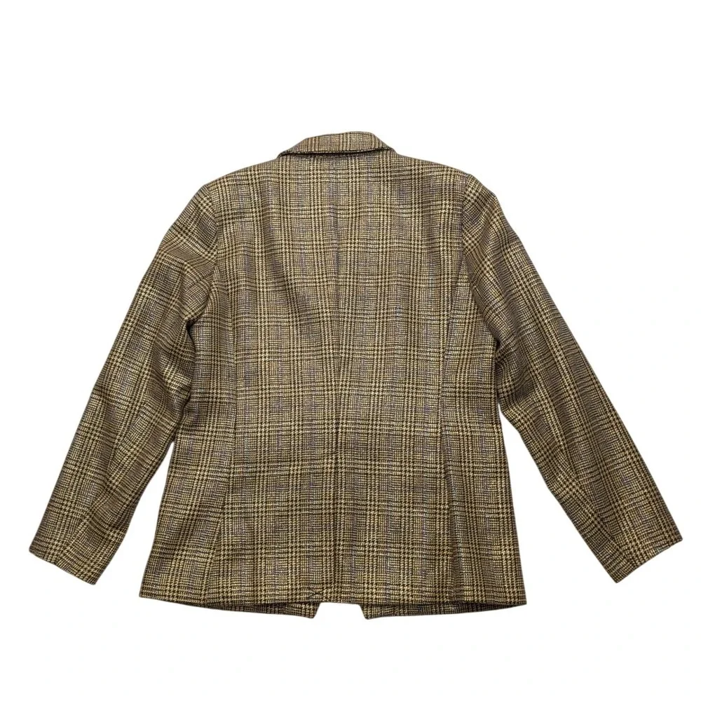 Nine West Blazer Womens Medium Brown Glen Plaid Double Breasted Metallic Gold